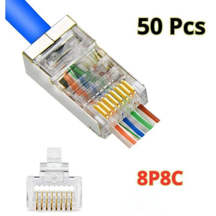 50 connecteurs RJ45 Cat6 Cat5 avec terminaison plaquée or 8P8C pour câble Ethernet à travers