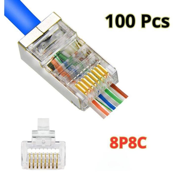 100 connecteurs RJ45 Cat6 Cat5 avec terminaison plaquée or 8P8C pour câble Ethernet à travers