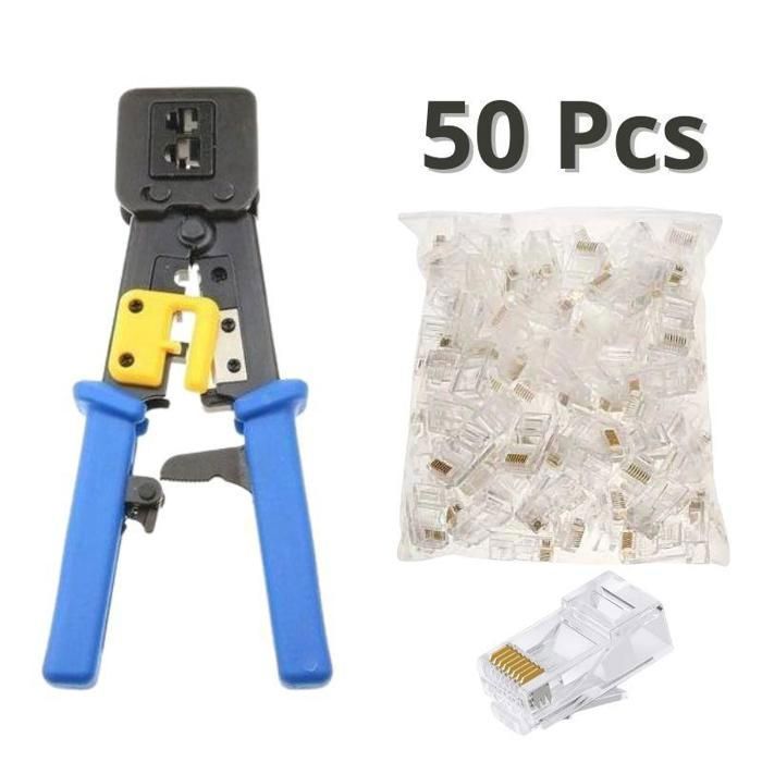 Pince Professionnel à sertir RJ45 RJ12 RJ11 - Avec Crémaillère Plus 50 connecteurs RJ45 Cat6 Cat5