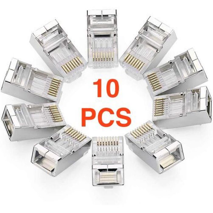 10 Connecteurs Blindé Métal Rj45 Pour Sertir Câble Réseau Lan Rj45