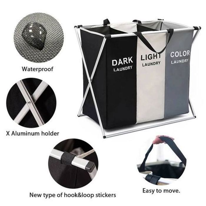 Panier à linge pliable à 3 sections avec cadre X en aluminium et poignée