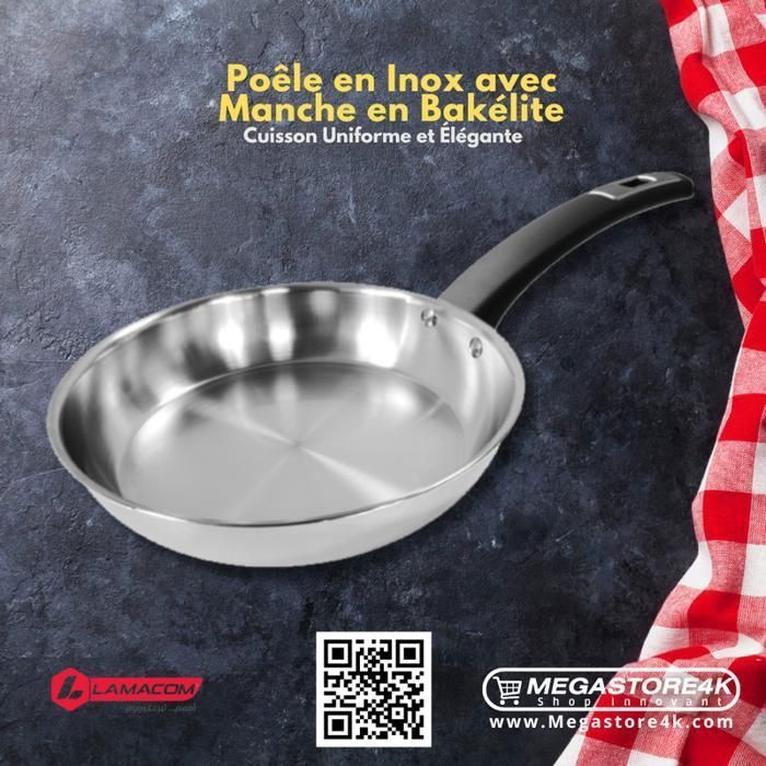 Poêle Tri-Ply en Inox avec Manche en Bakélite – Cuisson Uniforme et Élégante