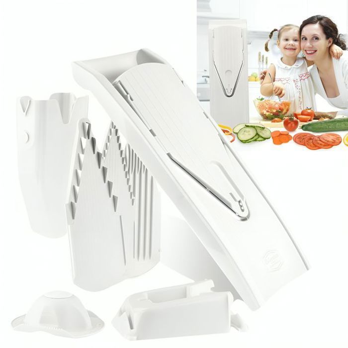 Trancheuse en V avec 4 inserts, support à fruits, Coupe-légumes réglable, Coupe en tranches