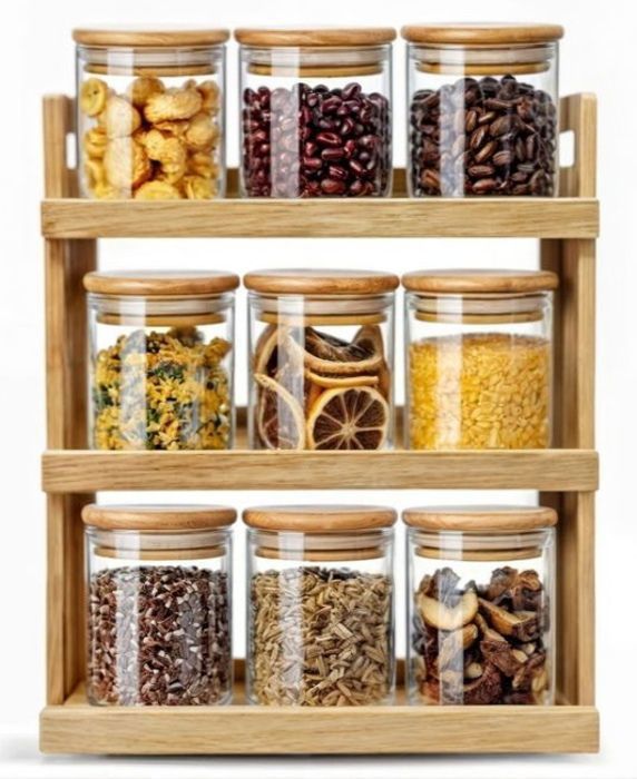 Ensemble de 9 bocaux à épices en verre avec support en bambou et couvercles hermétiques