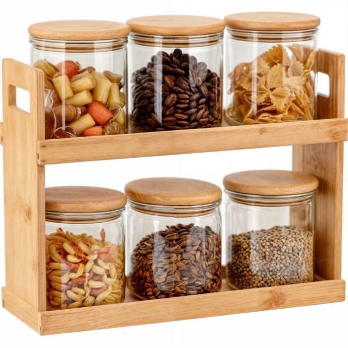 Set de 6 bocaux à épices en verre avec support en bambou et couvercles hermétiques