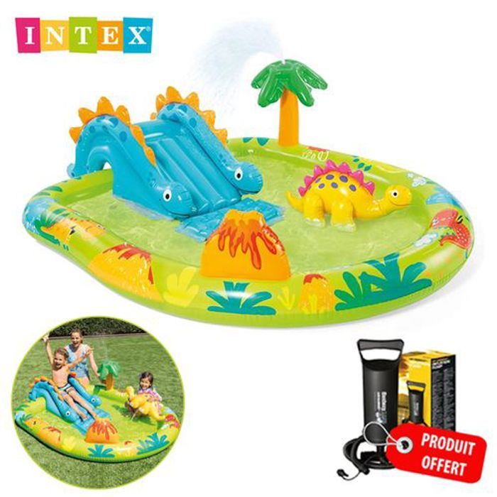 Intex Aire de jeux Piscine gonflable Petit Dino avec Toboggan et Jet d'eau + Gonfleur Offert