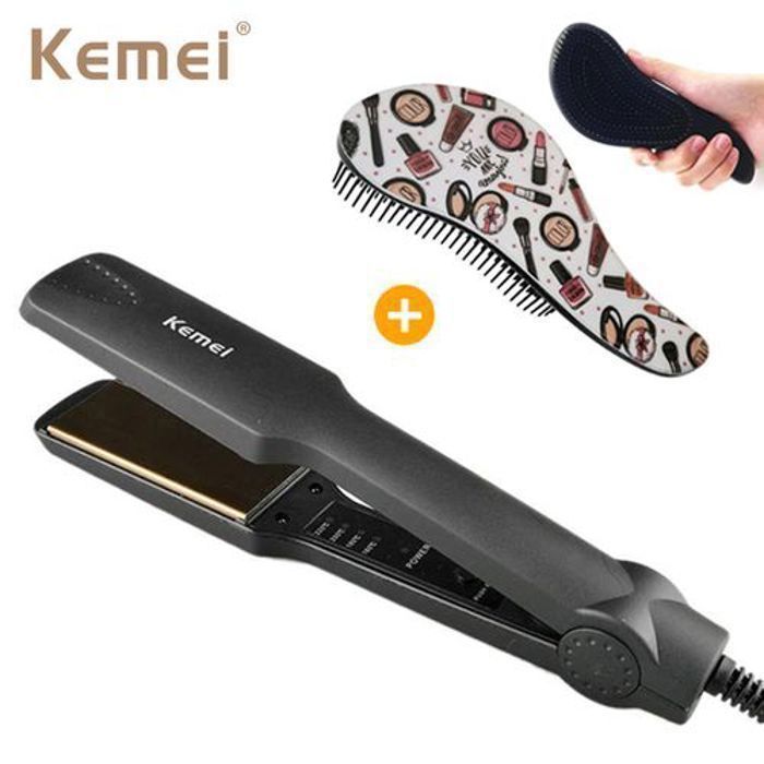 Kemei Lisseur Cheveux plaque Céramique, Fer à lisser + Brosse à Cheveux Démêlante