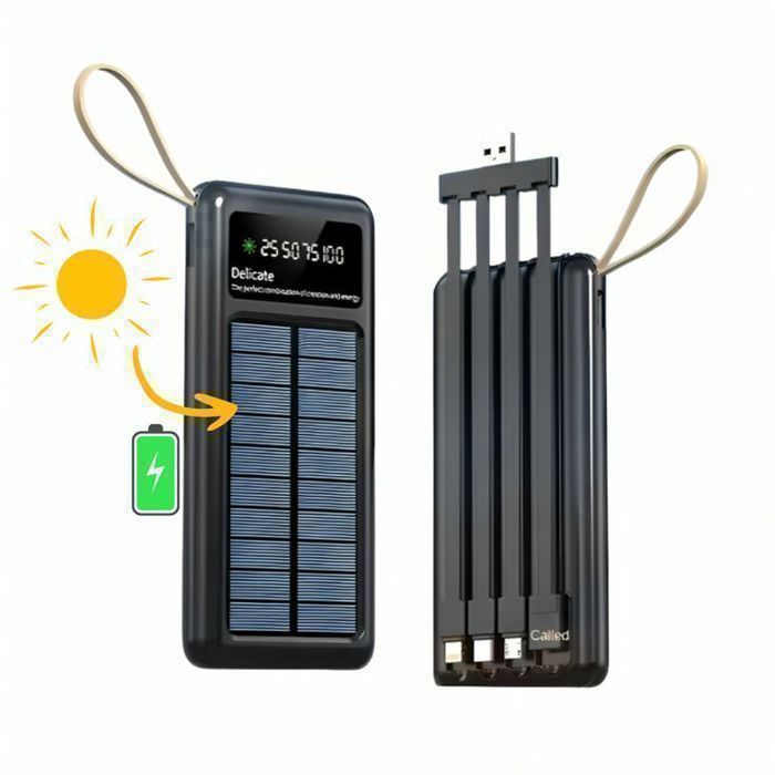 Power Bank Solaire Extérieur 20000mAh avec 4 Câbles – Grande Capacité et Multifonction