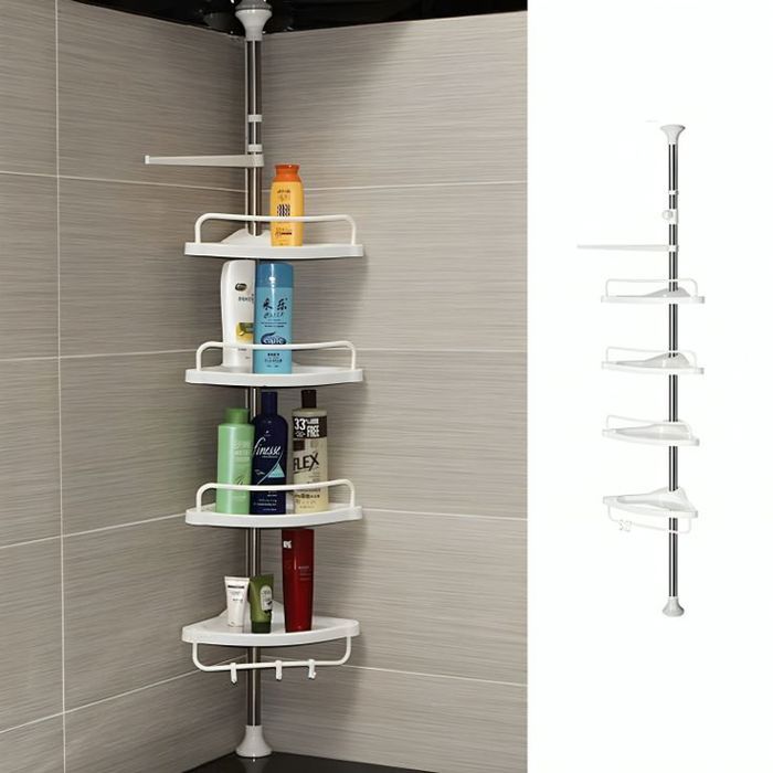 ÉTAGÈRE D'ANGLE TÉLESCOPIQUE DE RANGEMENT DOUCHE 4 NIVEAUX 16KG