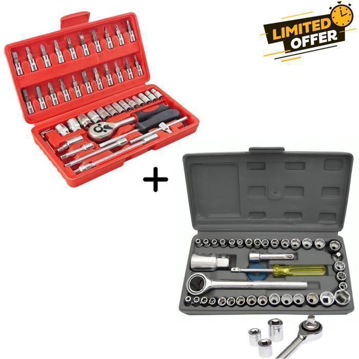 Coffret Complet d’Outils de Réparation – 46 Pièces + 40 Pièces – Kits de Douilles et Clés pour Voiture et Moto