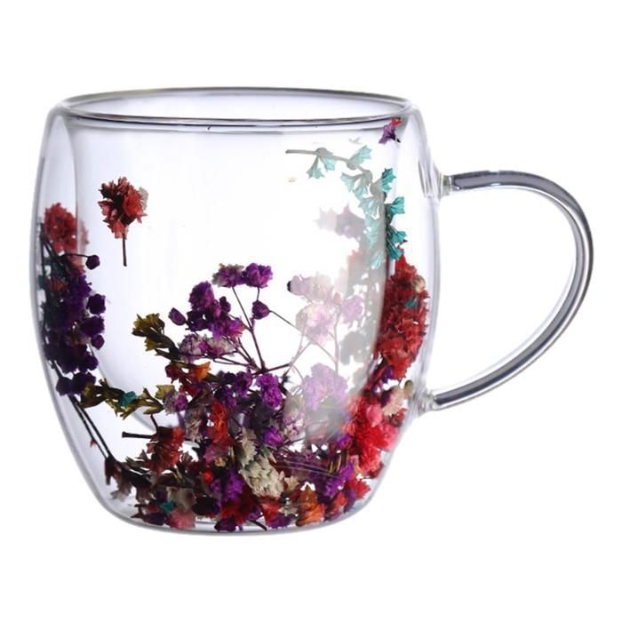 Tasse fleurs séchées - AYA HOME - Double paroi - Verre - Multicolore - Élégante - Couleurs aléatoires - 300ml 