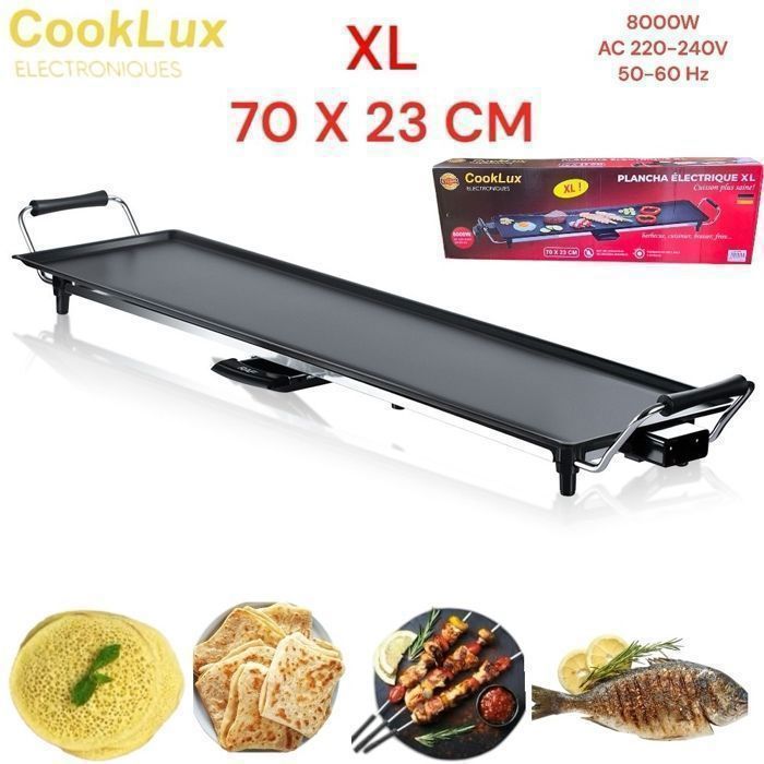 CookLux Plancha - Grill avec Surface Antiadhésive Taille XL - 70x24cm - 8000W Poêle à frire électrique antiarina, gril, plaque