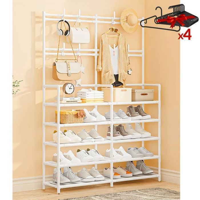 Porte-Chaussures et Porte-Manteau 5 Niveaux Moderne – Blanc + 4 Cintres Offerts