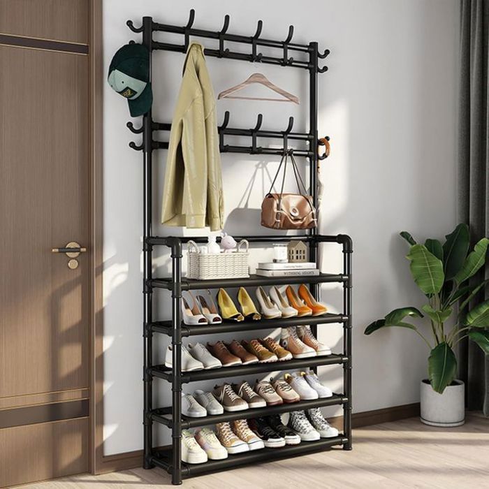 Porte-vêtements meuble d'entrée et étagère à chaussures en métal à 5 niveaux 172x29.5x80 CM
