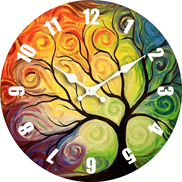 1 horloge murale silencieuse en bois – Design artistique créatif rond en forme d'arbre de vie, mouvement à quartz