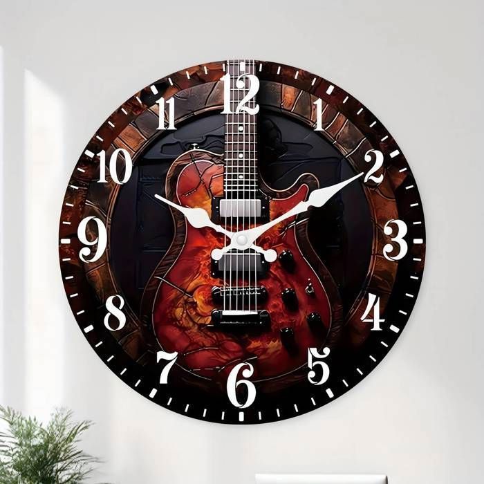 Horloge murale silencieuse en bois sur le thème de la guitare, décoration murale intérieure pour salon, chambre, cuisine - Design d