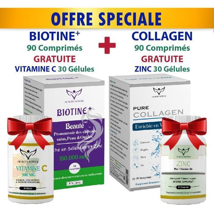 HEALTH POWER PACK COLLAGEN 90 Comprimés Gratuite ZINC 30 Comprimés + BIOTINE 90 comprimés Gratuite Vitamine C 30 Comprimés