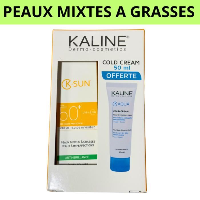 KALINE K-SUN ECRAN SOLAIRE INVISIBLE PEUX MIXTES A GRASSES SPF50+ 50ML + COLD CREAM 50ML