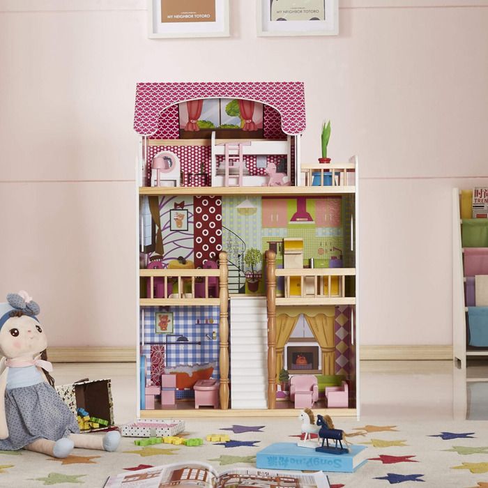 Maison de poupées en bois avec 17 mini meubles-TYDH004