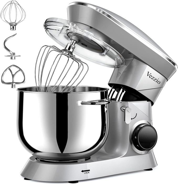 Robot de cuisine Vezzio, pétrin, 1500 W, bol en acier inoxydable de 8,5 L, 6 vitesses, gris