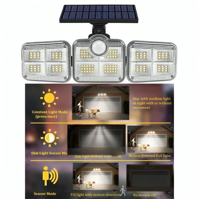 Lumière Solaire Extérieure avec Détecteur de Mouvement, avec Panneau Solaire Séparé, Angle d'Éclairage 270°, Projecteur Solaire