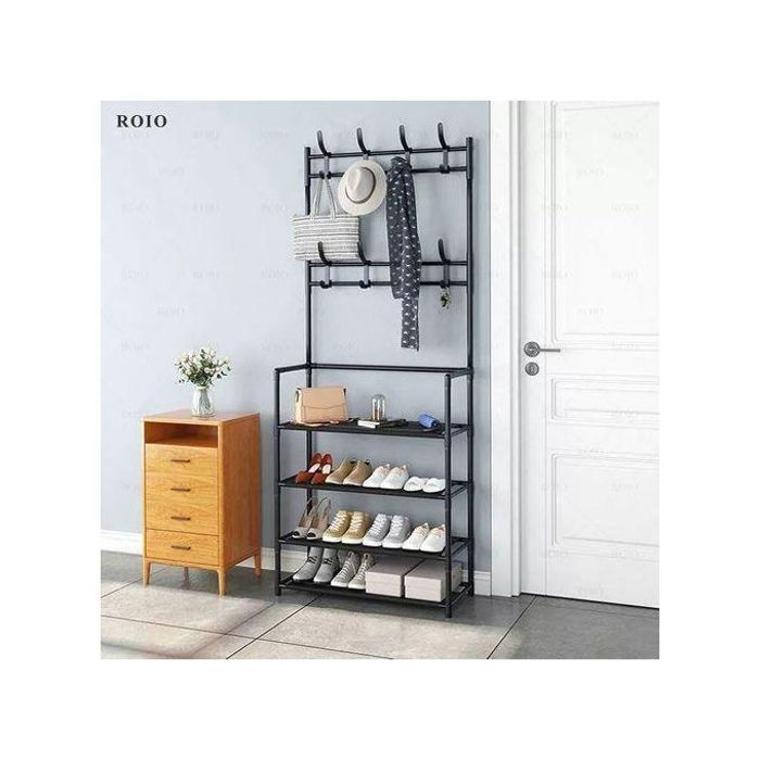 Porte-manteau 3 en 1 – Arbre de Rangement – Banc à Chaussures Intégré – 4 Étagères & 8 Crochets – Style Industriel
