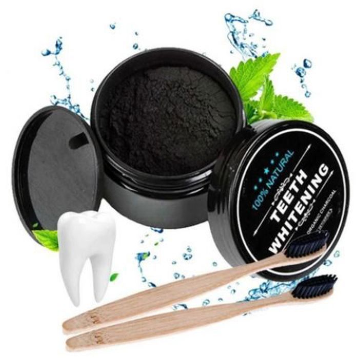 Poudre de blanchiment des dents - Charbon Actif - 30gr - 2 brosses en bambou - Biodégradable - Antibactérienne