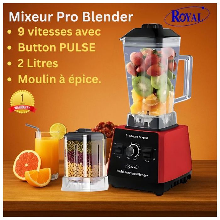 Royal - Mixeur Pro Blender 9 vitesses avec Pulse button - 2L + Moulin à épice ET JUS