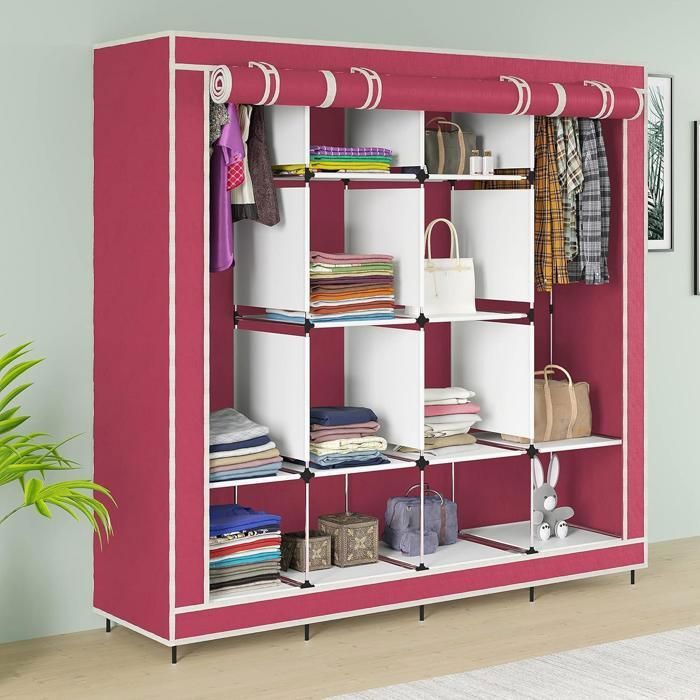 Grande Armoire Penderie pliable à 4 portes 12 étagères
