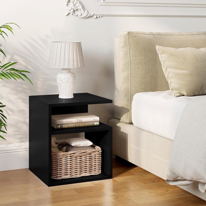 Table de Chevet - TWINS DECOR - MDF - Noir - 2 Compartiments - Livrée Montée