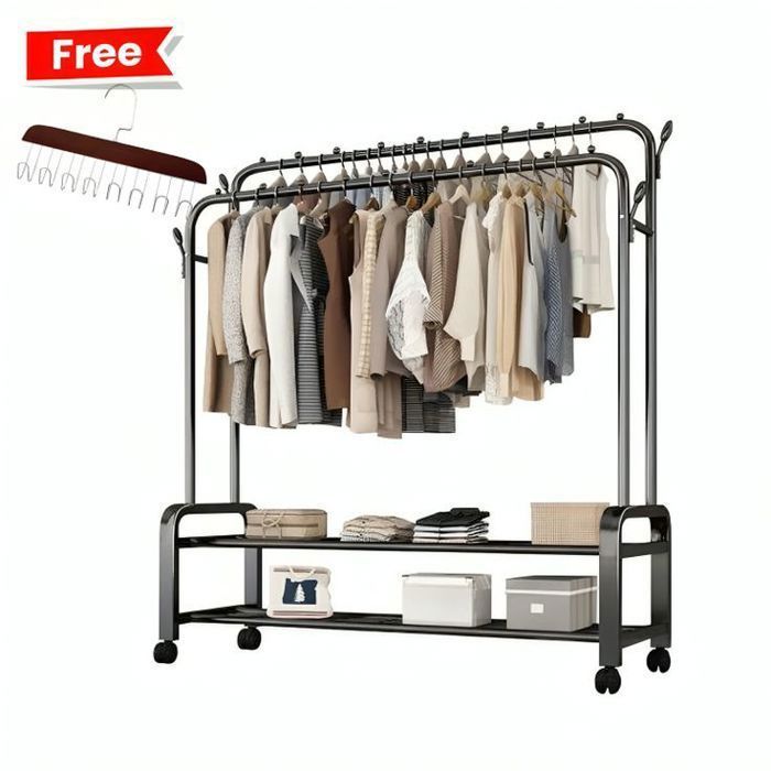 Porte Manteau Portant à Vêtements Penderie Cintre Tiges Double avec 2 étagère de Rangement Chaussures 48kg + Cintre en bois Gratuit