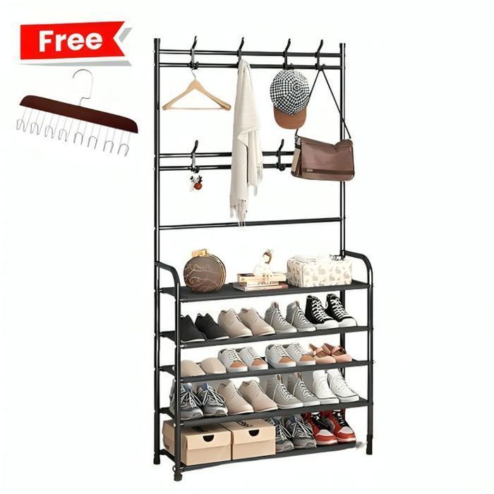 Porte-Manteau en Fer à 5 Niveaux avec Cintre Polyvalent et Organisateur de Chaussures + Cintre en bois Gratuit