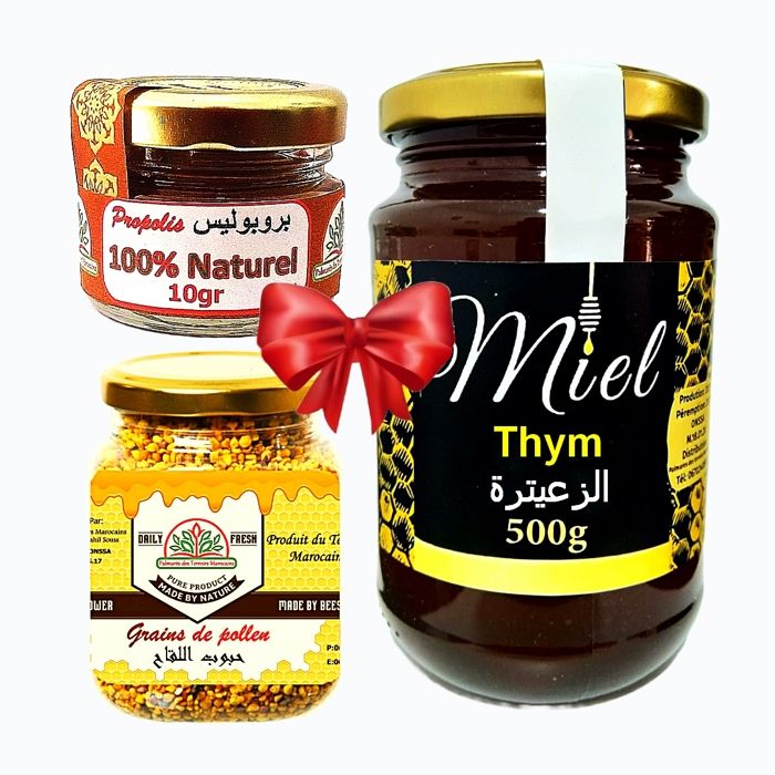 Miel Thym ( Toux ballonement Cicatrisant bronchite) 500g + Propolis energie et nutrition 10g + Grains de pollen 100g