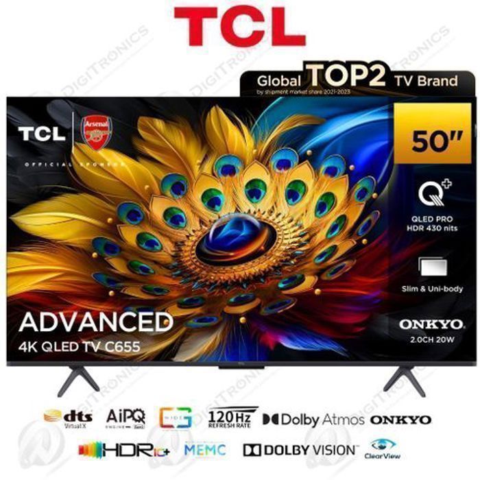 TCL 50 SMART TV QLED - 120Hz VRR - T-SCREEN PRO - HDR10+ - AiPQ PRO PROCESSOR - 50C655