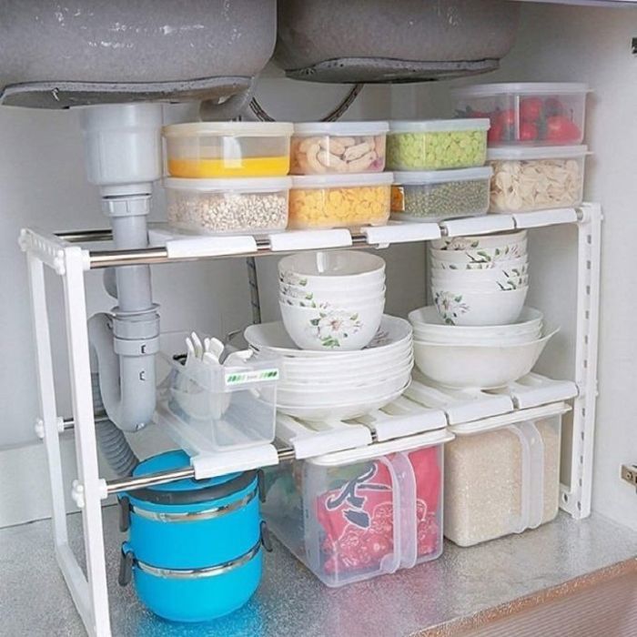 Étagère d'aménagement sous l'évier - MARQUE - Extensible 50-70cm - Métal et plastique - Organisateur