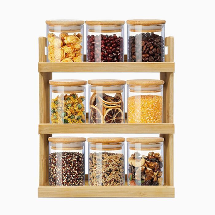 Set de 9 pots à épices hermétiques en verre avec support élégant en bambou