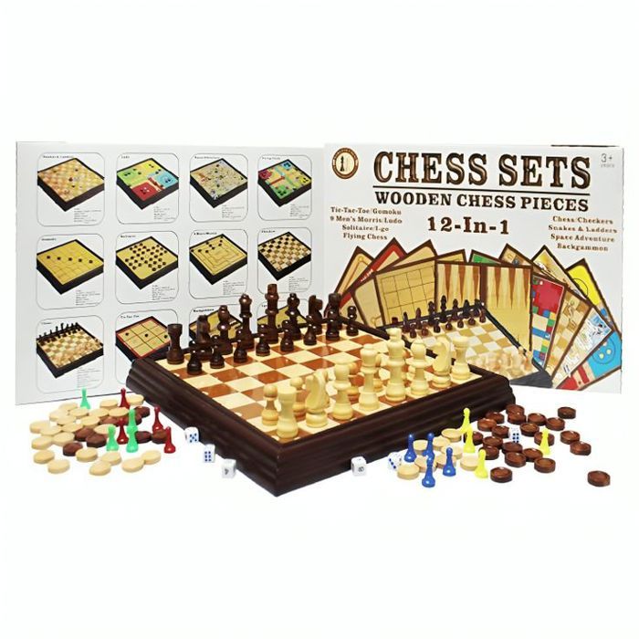 Ensemble de jeux de société 12 en 1 portables Échecs de voyage Dames Backgammon Serpents et échelles Ludo Solitaire Aventure
