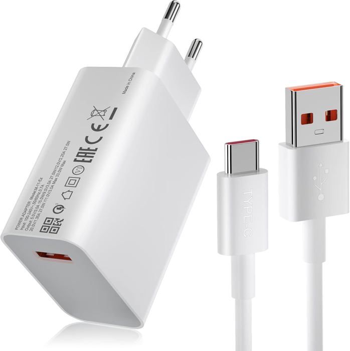 Chargeur Rapide 33W avec Câble USB Type-C 1M pour Mi Turbo pour pour Xiaomi Pad 6/5/11 Lite/Mi 11i/10T/11 Lite/Redmi Note 13/12S 11