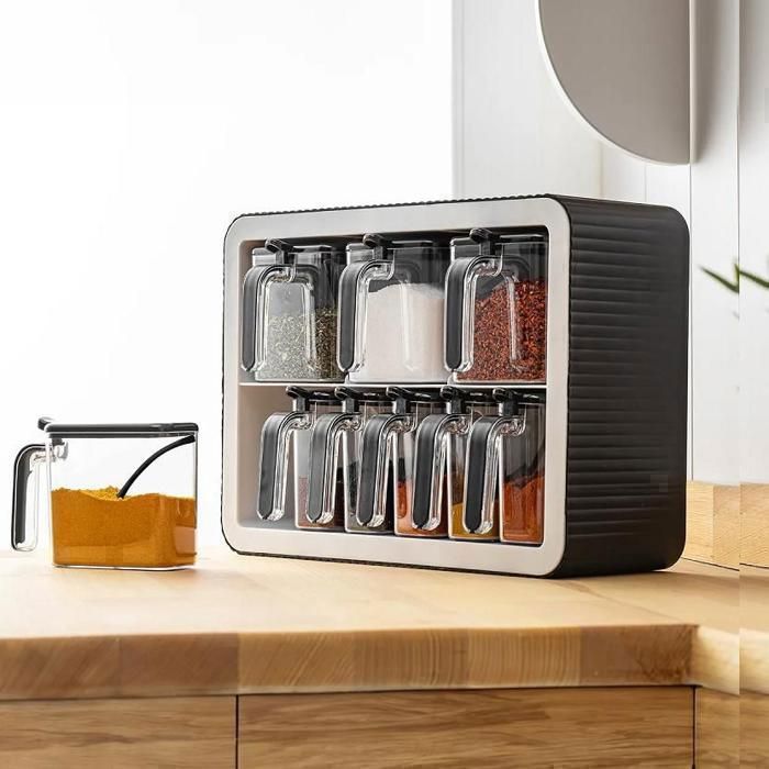 Ensemble de 9 Pots à épices - MARQUE - Rangement mural - Noir ou gris  - Plastique - 9 cm de hauteur