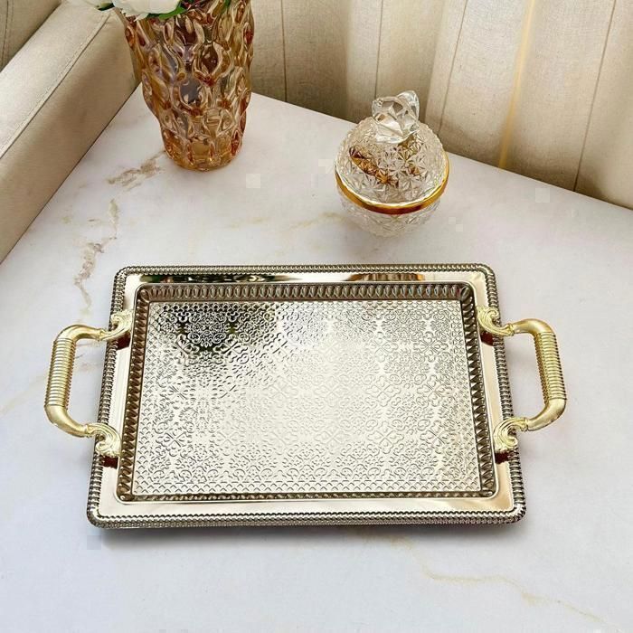 Plateau Rectangulaire - Beldi - 44 cm x 32 cm - Inox - Anse Dorée - Luxe