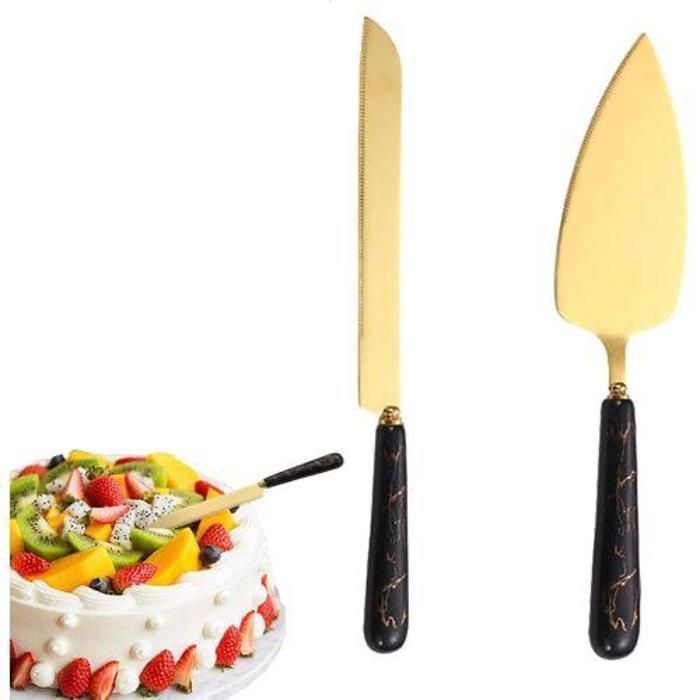 ENSEMBLE 2 PIECES  A GATEAU PELE ET COUTEAU EN INOX ET DETAIL MARBRE  COULEUR NOIR