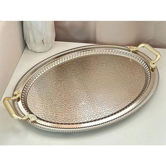 Plateau ovale Senia en inox 56×38 cm – Plateau argenté avec anses dorées – Pour thé et café