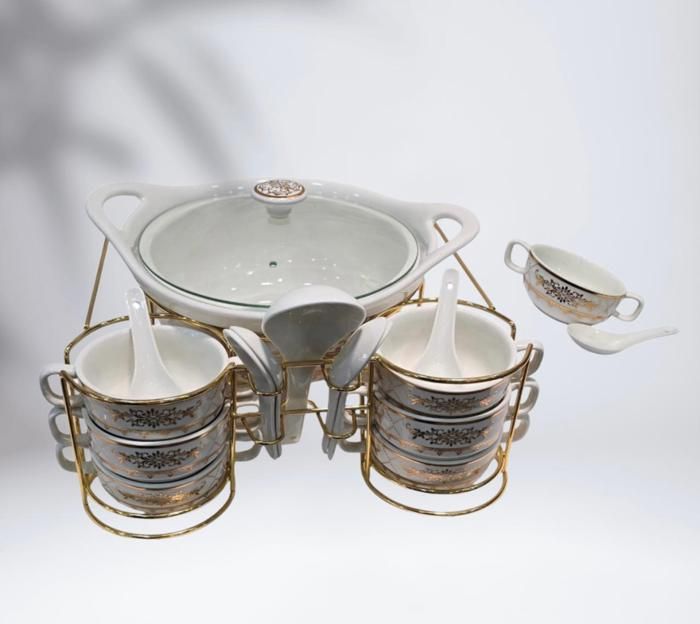 ENSEMBLE 15 PIECES SOUPIÈRE ET 6 BOLS EN PORCELAINE 15 AVEC SUPPORT POUR UNE BELLE PRESENTATION