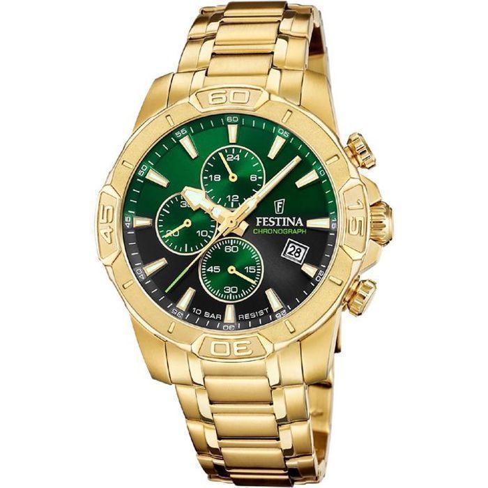 Montre dore en fond vert pour hommes - Chronographe - Etanche 100m - D. boitier 45mm