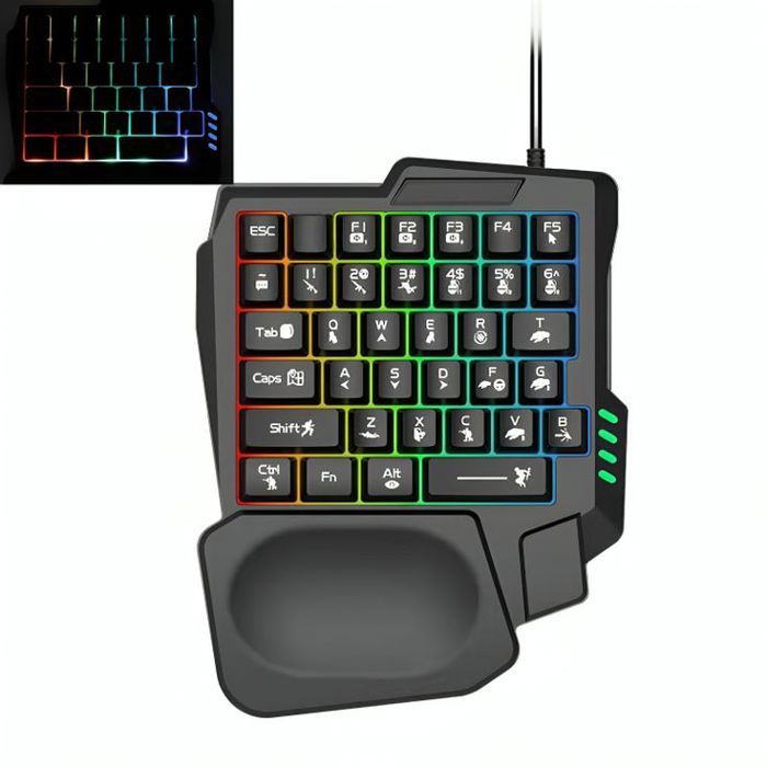Clavier de Jeu à Une Main, Rétroéclairé RVB 35 Touches, Mini Clavier de Jeu Portable, étanche, Repose-Poignets Large, Filaire USB