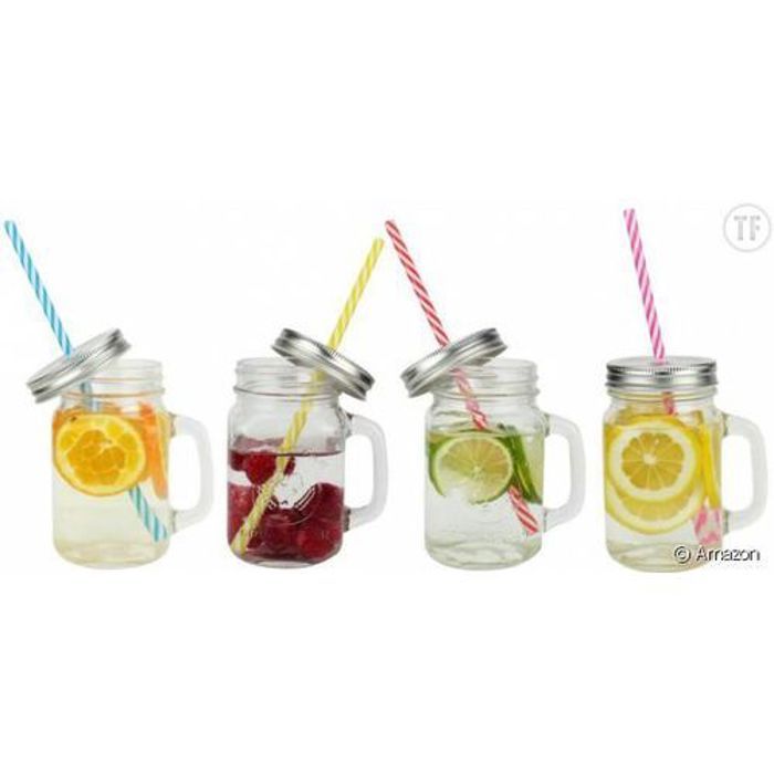 Lot De 4 Verre Vintage avec Poignée 450Ml avec Paille Réutilisable