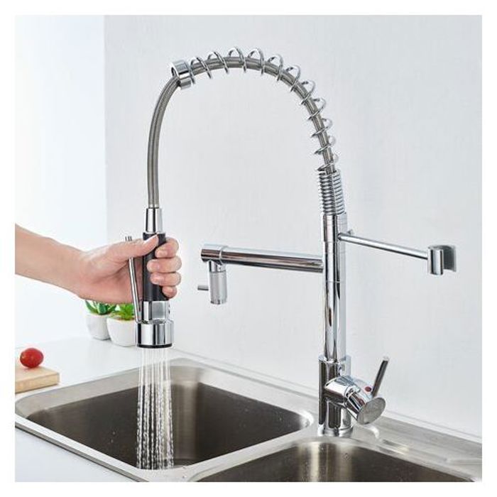 Robinet Cuisine - Moderne - Douchette Extractible - Bec Haut - Laiton - Rotatif 360°