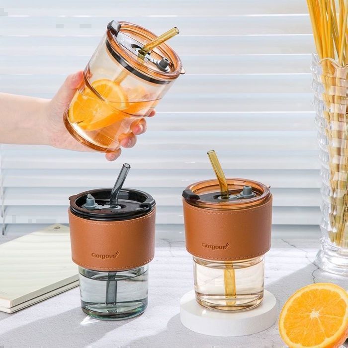 Lot de 3 Tasses à Café en Verre avec Paille, Couvercle et Étui en Cuir – Design Portable et Élégant