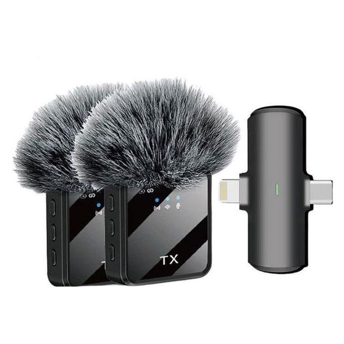 2 Microphone cravate sans fil F15 2 en 1 pour iPhone et Android avec suppression du bruit pour interview, podcast vidéo