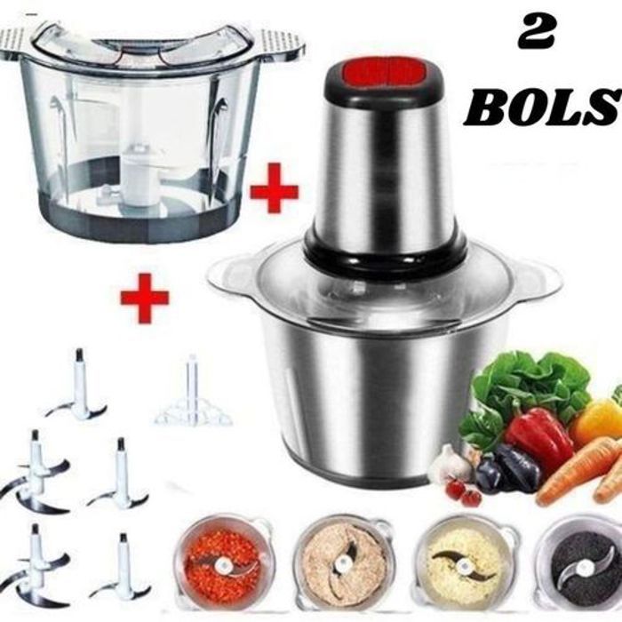 Hachoir électrique - 5 lames inox - 2 vitesses - 2 bols en inox et verre